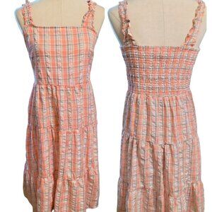 (973) Madison Grey Plaid Peach Tiered Summer Dress Size Large